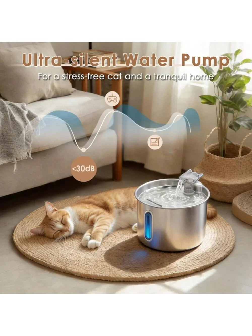 Automatic Stainless Steel Cat Water Fountain 74oz - Quiet Pet Dispenser with